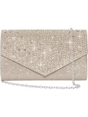 〽️ Women Champagne Clutch Purse Envelope Glitter Rhinestone Evening Wedding Bags